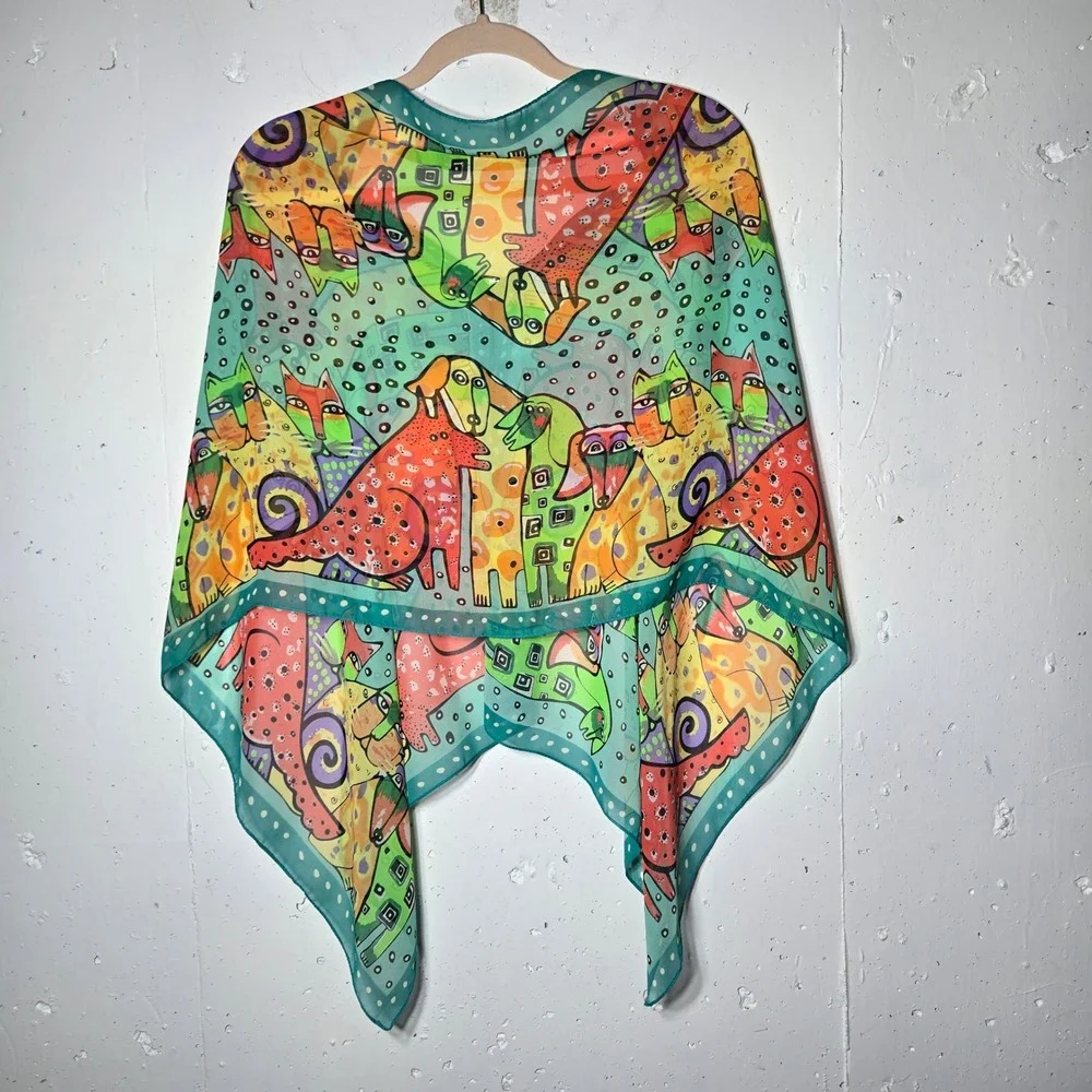 Abstract Dog Cat Print Sheer Button Poncho One Size Vibrant Art Maximalist Flowy